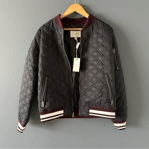 Dark Navy Quilted Bomber Jacket with Maroon Accents